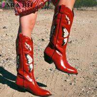 Brand New 2022 Autumn Winter Womens Western Mid Calf Boots Chunky Heels Butterfly Cowgirl Cowboy Long Boots Shoes For Woman