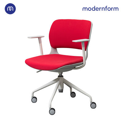 Modernform เก้าอี้เอนกประสงค์ เก้าอี้สัมมนา ประชุม เก้าอี้พนักกลาง พลาสติกรุ่น B-One (S3) เฟรมขาว แขนปรับไม่ได้ขาเหล็กพาวเดอร์โค้ท เบาะผ้าเเดง