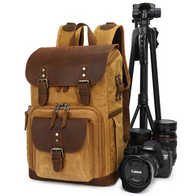 กระเป๋าสะพายหลังหนังแท้ผ้าใบบาติกสำหรับกันน้ำย้อนยุค15.4นิ้วเคสกระเป๋าถือกล้องของผู้ชายสำหรับ Canon Nikon J76ถ่ายภาพ