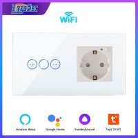 Bingoelec Wifi Smart Dimmer Light Switches with EU Standard Wifi Wall EU Power Sockets Crystal Dimmable Wall Touch Switches Ratchets Sockets