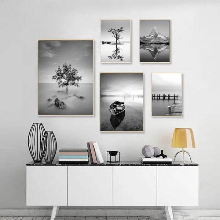 boat-wharf-lake-mountainทิวทัศน์ธรรมชาติสีดำสีขาวภาพโปสเตอร์ภาพวาดผ้าใบwall-artตกแต่งบ้านโมเดิร์นห้องนั่งเล่น