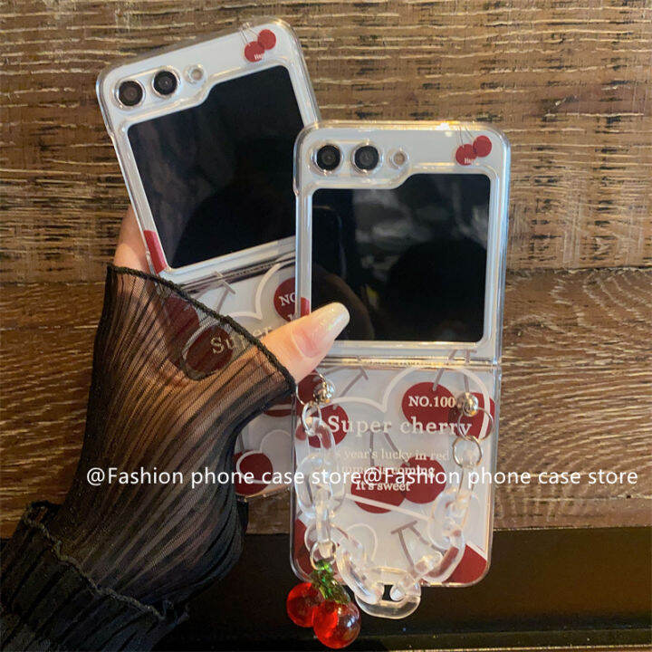 เคสโทรศัพท์-samsung-galaxy-z-flip5-flip4-flip3-5g-เคสการ์ตูนเชอร์รี่สีแดงหวานน่ารักพร้อมสร้อยข้อมือซิลิโคนใสเคสนิ่มกันกระแทก-phone-case-เคส-samsung-zflip5-2023