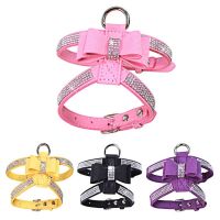 Bling Rhinestone Pet Puppy Dog Harness Velvet Leash with Bowknot for Small Dog Puppy Cat Chihuahua Pink Collar Pet Supplies Leashes