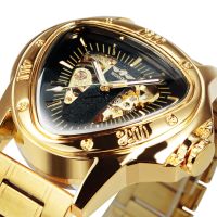 ZZOOI WINNER Golden Triangle Military Skeleton Watch for Men Mechanical Wristwatches Irregular Automatic Stainless Steel Strap relogio