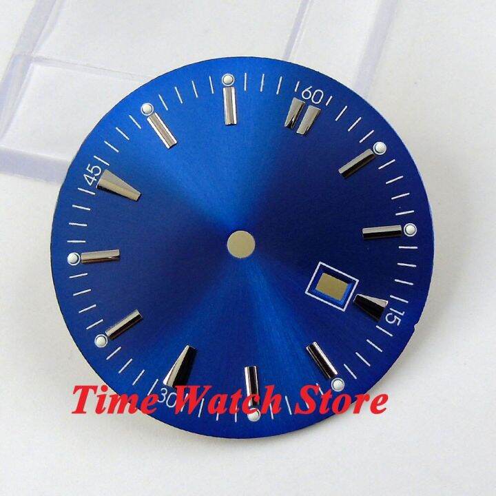 35mm-blue-sterile-watch-dial-fit-for-miyota-8215-821a-8205-mingzhu-2813-4813-movement-green-lume-dot-silver-marks-date-window