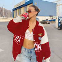 Red hit color letters baseball uniform 2021 European and American season retro personality fashion single-breasted jacket women