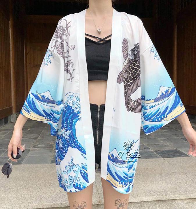 เสื้อคลุมว่ายน้ำ-เสื้อคลุมสไตล์กิโมโน-เสื้อคลุมญีปุ่นแขนยาว-สำหรับเดินชายหาด-เดินเที่ยวห้างแบบสบายๆ-เท่ห์-japanese-kimono-woman-cardigan-shirt-blouse-yukata-haori-obi-clothes-samurai-clothing-female-k
