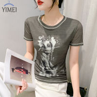 YIMEI เสื้อตาข่ายคอวีอเนกประสงค์สำหรับคอกลมเสื้อยืดพิมพ์ลายสวยงามแขนสั้นใหม่สำหรับฤดูร้อน2023