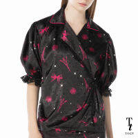 TandT - "BONNE NUIT" Nuit A Paris Printed Pajamas Shirt เสื้อเชิ๊ตผูกข้างเอว แขนพองสั้น เสื้อทรงชุดนอน พิมพ์ลายปารีสยามค่ำคืน