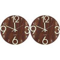 2X Luminous Wall Clock,12 Inch Wooden Silent Non-Ticking Kitchen Wall Clocks with Night Lights