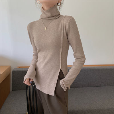 HziriP Pure Color Chic Women Bottoming T-Shirts Turtleneck  Comfortable Cotton All Match Loose Split Full Sleeve Autumn Tops