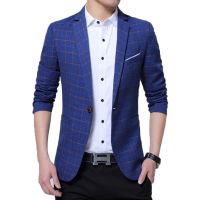 ZZOOI BROWON Autumn Fashion Men Blazer Slim Fit Plaid Suit Jacket Leisure One Button Fine Fabric Polyester Mens Designer Blazers 5XL