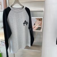 High Quality Chrome Heart cross black and gray color matching raglan long-sleeved T-shirt loose niche