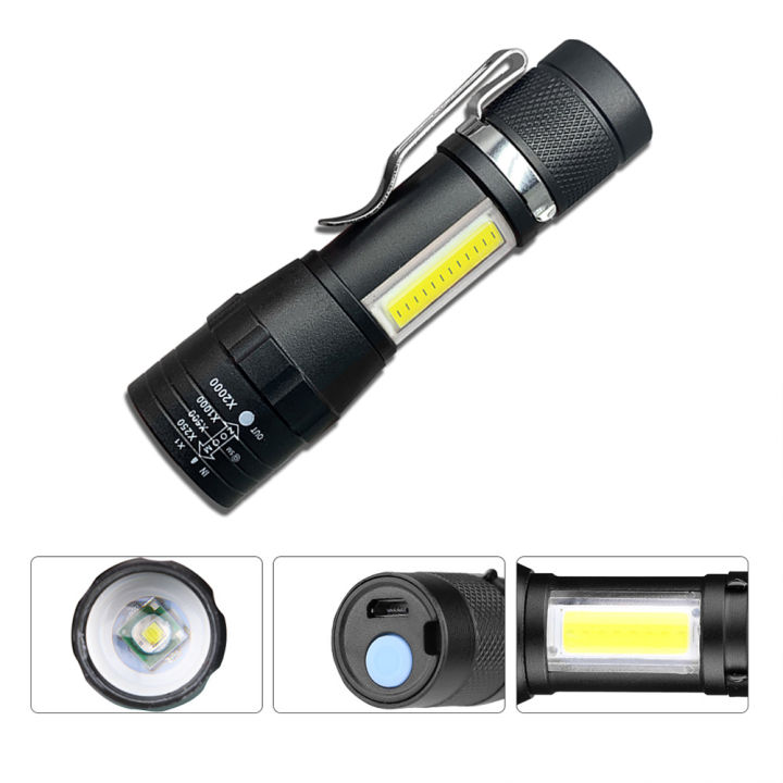 portable-led-flashlight-xpe-cob-light-rechargeable-flashlight-built-in-battery-zoom-flashlight-3-mode-waterproof-emergency-torch