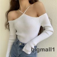 Bigmall- เสื้อท็อปเปิดไหล่แขนยาวสีพื้นสีขาว สีดําสําหรับผู้หญิง