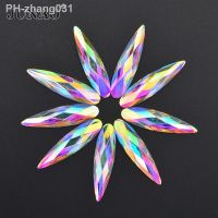 JUNAO 20Pcs 9x36mm Large Crystal AB Teardrop Rhinestone Flat Back Glue On Acrylic Strass Applique Non Hotfix Crystal Stones