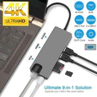 9 in1 USB-C Hub Adapter Multiport RJ45 SD/TF Card Reader 4K HDMI VGA 3.5mm audio Dual USB 3.0 and PD Type-C For MacBook Pro