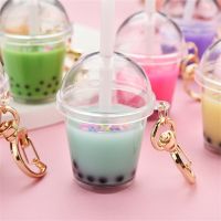 Cute Mini Pearl Milk Tea Cup Key Chain Trendy Funny Moon Buckle Keychains Car Pendent Bag Accessories Keyring for Women Gift