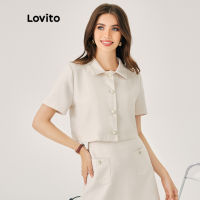 【COD】Lovito เสื้อเบลาส์ผ้าทวีด แขนสั้น สำหรับสตรี L47ED064 (สีมิสตีโรส)