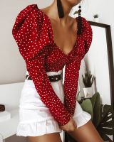 【Feb】 Polka Dot Women Puff Long Sleeve Wrap Top Elegant 2021 Lace Up Red Crop Top Blouse Sexy Backless Chic Female Shirts