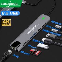 ☈ GOOJODOQ 8-in-1 ฮับอะแดปเตอร์อ่านการ์ด USB Type-C Hub 4K HDMI RJ45 USB SD/TF PD ชาร์จเร็ว สำหรับ MacBook Air Pro PC