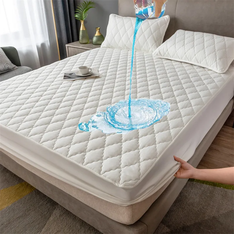 Quilted Waterproof Bed Sheet with Elastic Queen King Size Solid