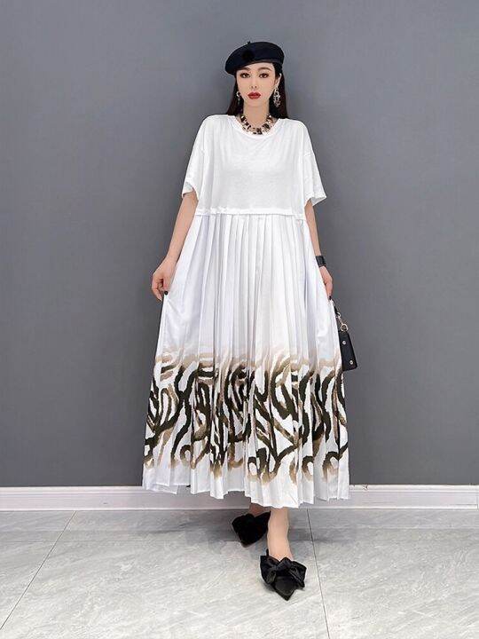 xitao-dress-loose-short-sleeve-pleated-print-dress