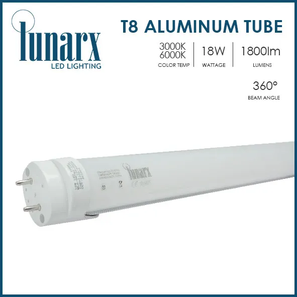 Lunarx LED T8 Tubes 18 Wattage Warmwhite Double Ended Aluminum + PC