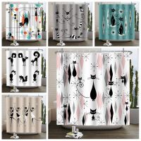 Mid Century Naughty Black Cat Shower Curtain Retro Diamond Atomic Starburst Polka Dots 1950s Abstract Geometric Bathroom Curtain