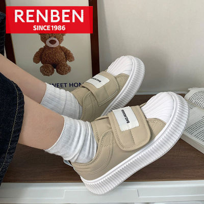 RENBEN ฉบับภาษาเกาหลีของรองเท้าคุกกี้หัวสตรีรูปหอยเวลโครขนาดเล็กรองเท้าสีขาวพื้นรองเท้าเบรดบอร์ดหนา