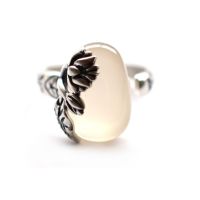 Summer new S925 silver ornament natural white jade pulp ring opening lotus shape bracelet ring ring —D0517