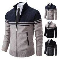 Mens New Winter Sweater Thick Fleece Warm Sweater Casual Stand Collar Zipper Cardigan Fashion Striped Coat