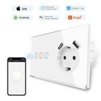 VISWE WiFi Smart Switch and EU Socket with 2 USB Charging 2.1A 1/2/3gang Tuya Touch Sensor Wall Switch Alexa Google Home F8 Ratchets Sockets