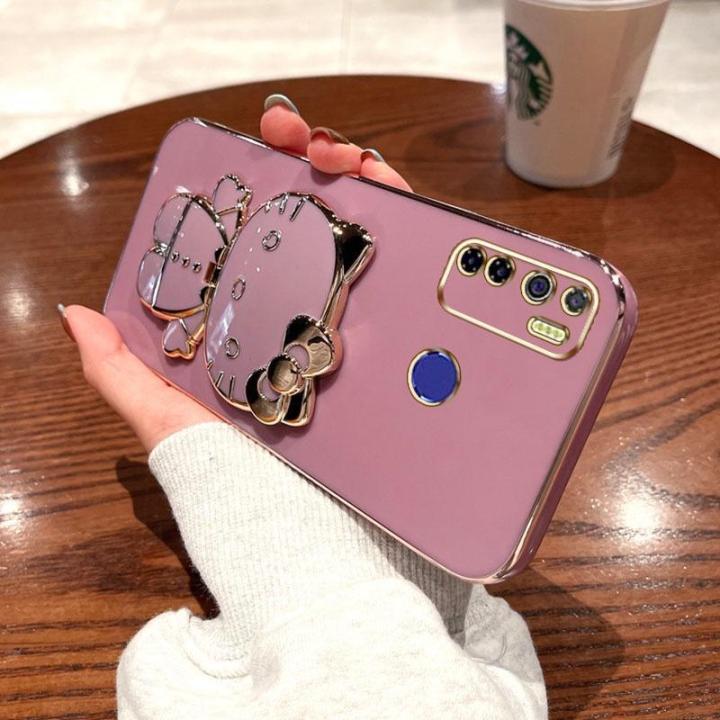 folding-makeup-mirror-phone-case-for-infinix-tecno-camon-15-spark-5-pro-ke5-kd7s-cd7-case-fashion-cartoon-cute-cat-multifunctional-bracket-plating-tpu-soft-cover-casing