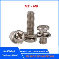 5 100pcs M2 M2.5 M3 M4 M5 M6 Nickel plated Cross Phillips Pan Round Head SEM Screw Flat Washer Spring Gasket Assemble Bolt