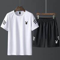 【July hot】 silk short-sleeved T-shirt suit mens summer breathable fitness clothes loose running sports trendy casual