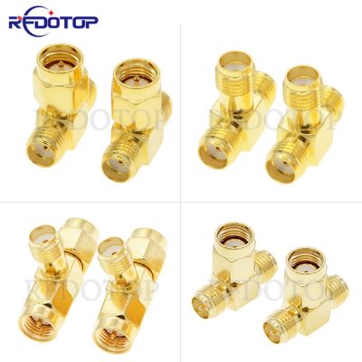 1PCS SMA to Dual SMA Male Female T Splitter Plug 3 Way Adapter RF Coax Coaxial Connector Gold Brass 50ohm Electrical Connectors