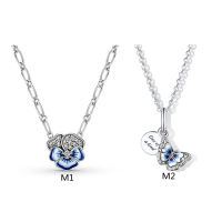 จี้เงิน 925 แพนดอร่าชุดสร้อยคอจี้แพนซี่สีน้ำเงินผีเสื้อ Flying Spring 925 Silver Charm Pandoraˉ Butterfly Flying Spring Blue Pansy Pendant Necklace Set Holiday Gift ZT2302