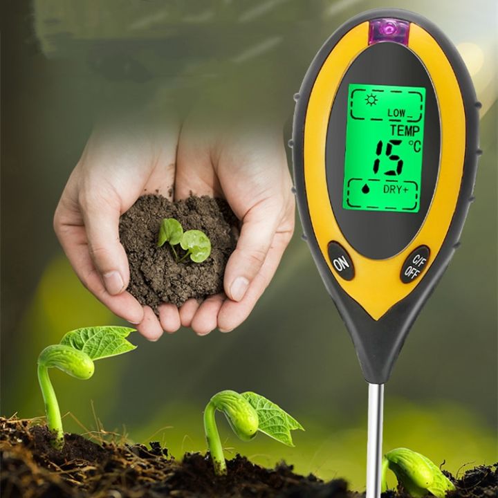 เครื่องทดสอบแสงแดดอุณหภูมิจอตรวจสอบความชื้นแบบ4-in-1สำหรับ-alat-pengukur-ph-tanah-ทำสวนพืชไร่เซ็นเซอร์ชื้นมีแบล็กไลท์