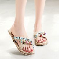 2023 national imitation hemp straw tourism bottom women outside flip-flops fashion tide beach flat with cross slippers