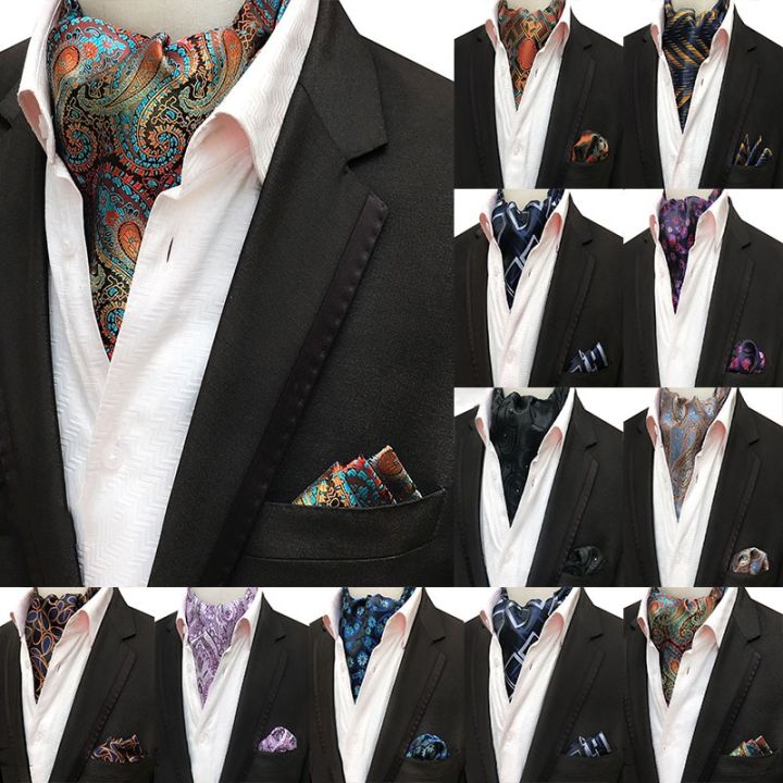 Silk Luxury Paisley Scarf Tie Black Golden Ascot Cravat Set For Men Vintage  Casual Big Floral Wedding Neck Tie Pocket Square Set