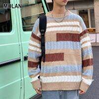 MOLAN เสื้อกันหนาวคู่รักชาย,แจ็คเก็ตแบบถักลำลองทรงหลวมลายทางสีตัดกัน