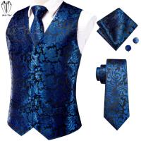 Hi-Tie Silk Mens Vests Black Navy Floral Woven Waistcoat Tie Hankerchief Cufflinks Set for Men Dress Suit Weddding Business Gift