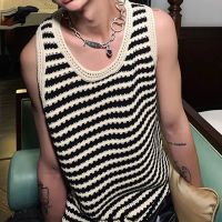 hot【DT】 Striped Knitted Tanks Mens O-Neck Korean Knitwear Shirts Sleeveless Streetwear Loose Top Cropped