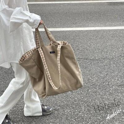 【hot sale】✠☁ C16 Double sided Design Plaid Canvas Tote Bag Korean Ins Lazy Style Shoulder Bag Handbag