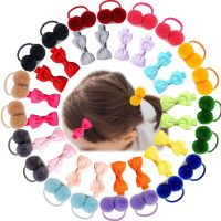 40PCSSet Grosgrain Ribbon Baby Bows Clips and Furry Ball Toddlers Hair Elastic Ties for Little Girls Schoolgirls and Children