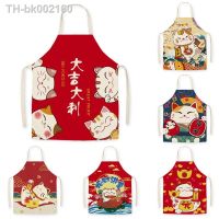 ▦ Japanese Cartoon Lucky Cat Decoration Sleeveless Apron Cotton Linen Kitchen Aprons Women Home Cooking Baking Waist Bib Pinafore