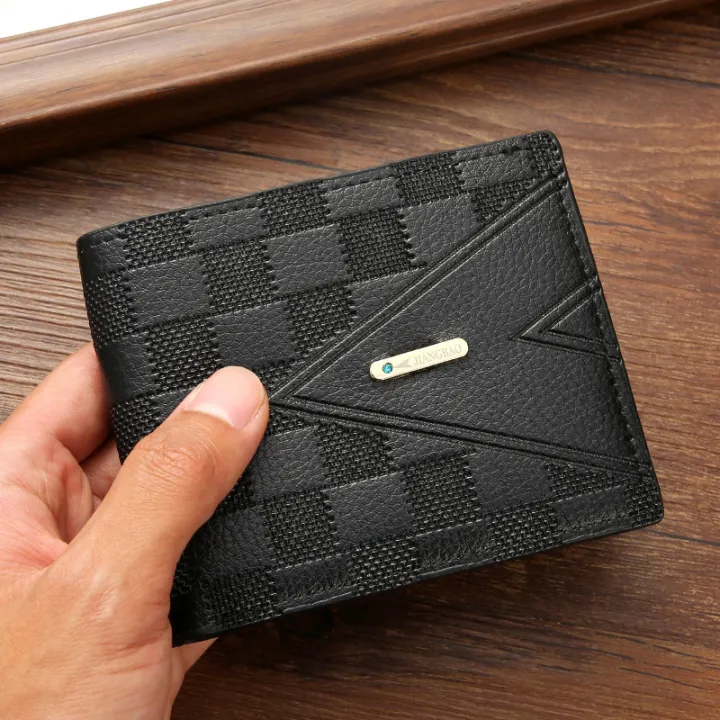 zhongloul-กระเป๋าเงินลายเช็คแบบย้อนยุคสำหรับผู้ชาย-pu-หนังกระเป๋าสตางค์กระเป๋าใส่บัตรเครดิตการเปลี่ยนแปลงเงินกระเป๋าผู้ชาย-kado-ulang-tahun