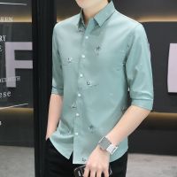 Ready❤ 2022 Summer New Mens Three Quarter Sleeves Allover Letter Printed Casual Floral Shirts Silk Ice Slim Fit Korean Style Trend Shirt Iron Free Anti-wrinkle Green White