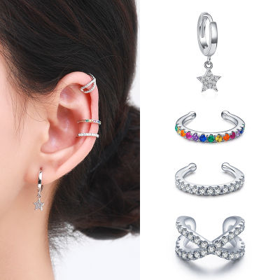 Modian 1 PCS Ear Cuff Real 925 Sterling Silver Rainbow Zirconia Elegant Fashion Clip Earrings For Women Statement Jewelry Gifts